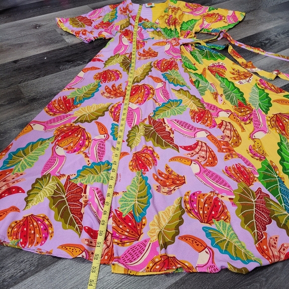 Farm Rio Anthropologie Beaks and Bananas lilac maxi wrap dress size S - Picture 12 of 14